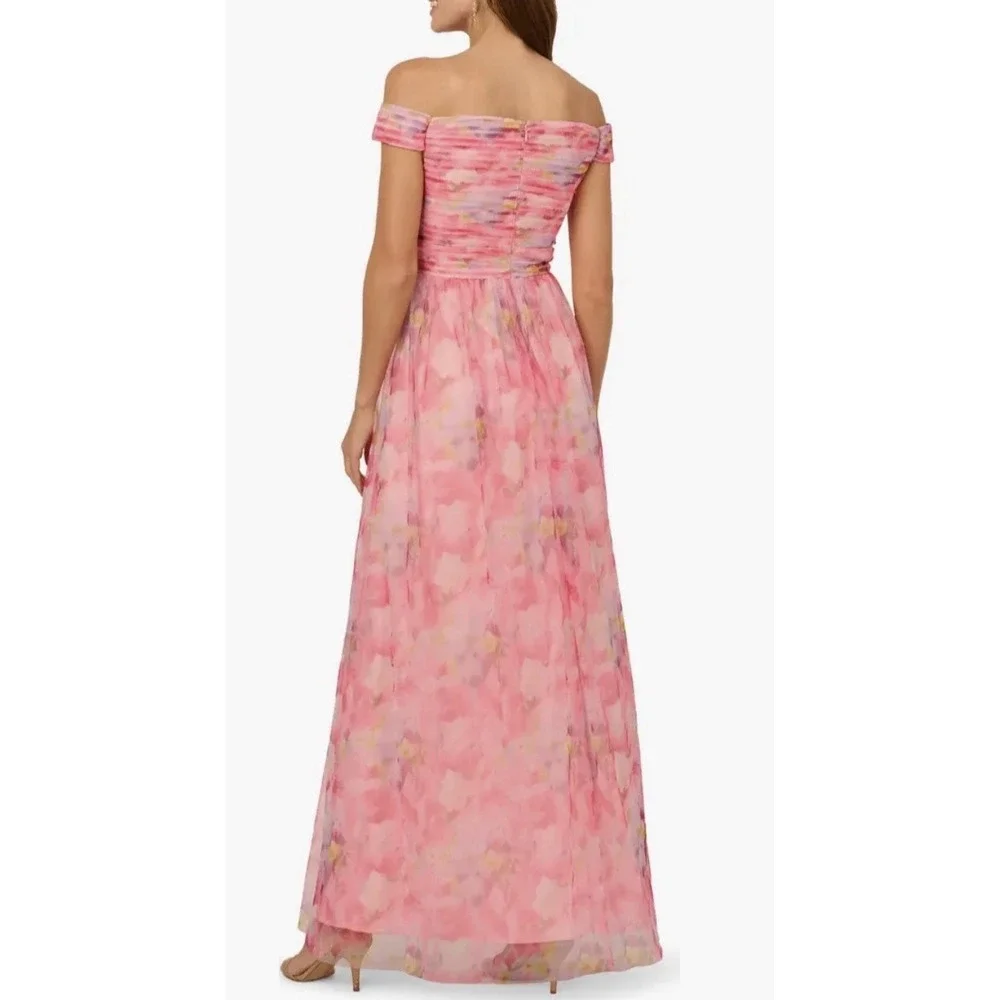 Adrianna Papell Off-the-Shoulder Floral Tulle Pink Gown Size US 8 Petite $300 - Picture 2 of 14
